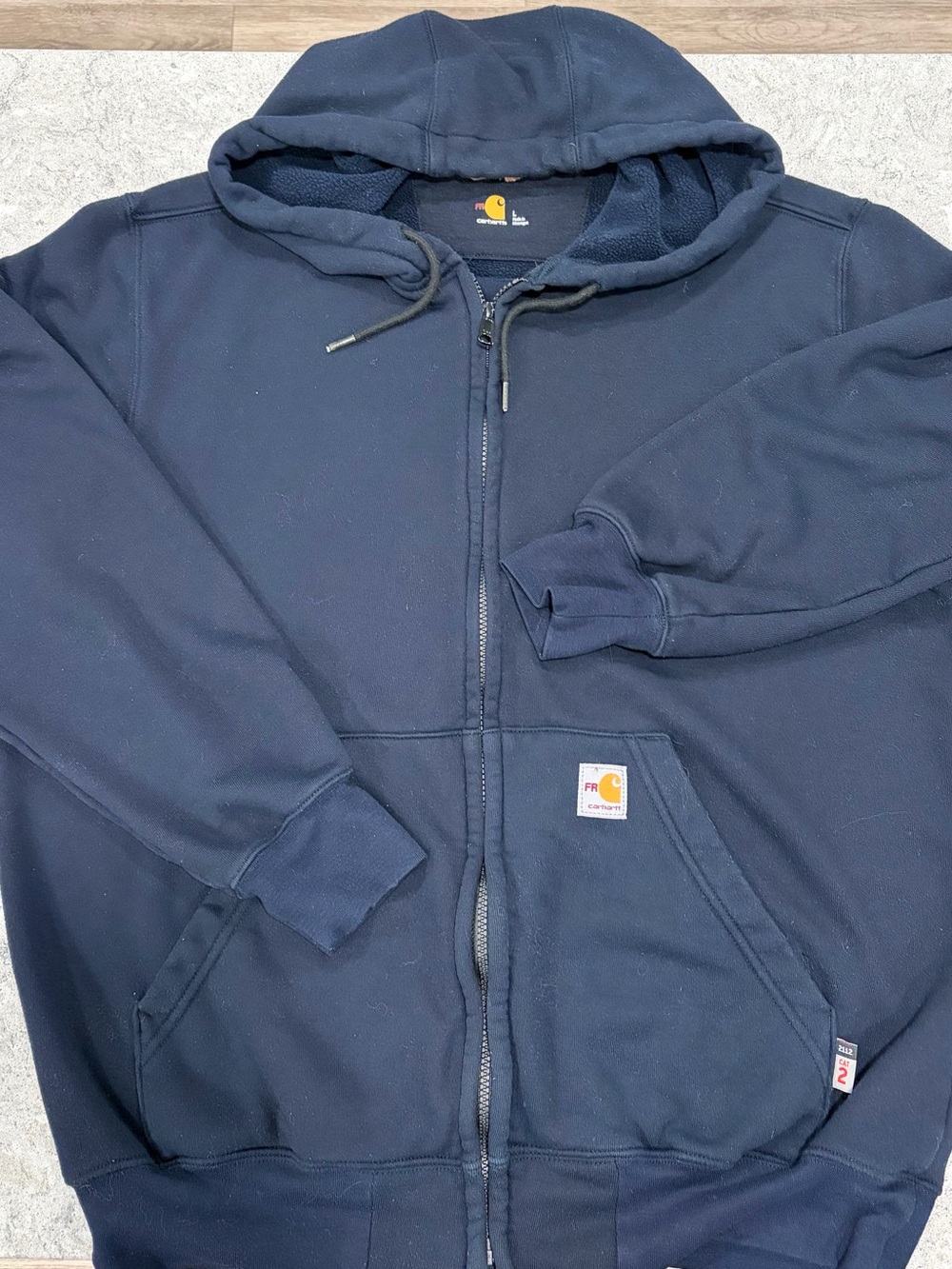 Carhartt Men's Fire Resistant Blue Zip-Up Hooded Work Jacket-Large